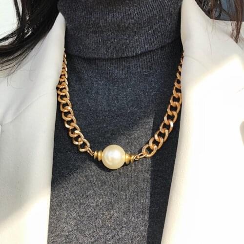 GSOLD Geometric Thick Chain Round Imitation Pearl Pendant Necklace Simple Link Chain Collar Women Punk Party Fashion Jewelry