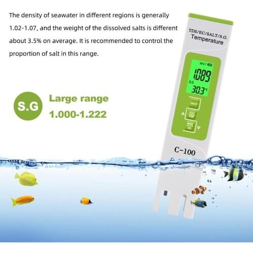 5 in 1 TDS/EC/Salinity/S.G./Temperature Meter Digital Water Quality Tester for household, Pools, Drinking Water, Aquarium