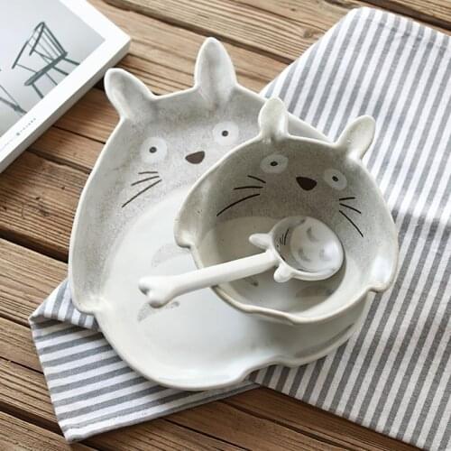 Ceramic Plate Tableware Cartoon Cat Gray Japanese Sushi Salad Handmade Clay Bowl Spoon Household Kitchen Supplies Dinnerware