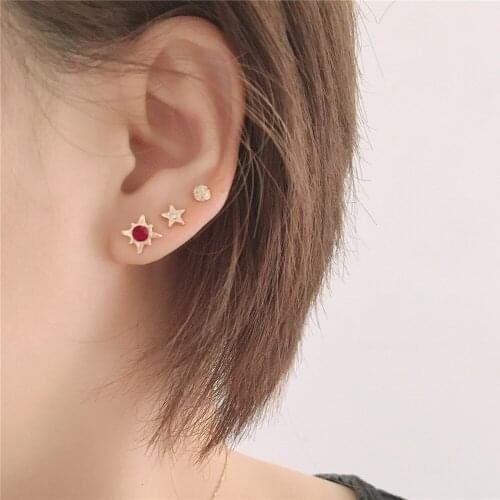 Lovely Gold Color Plating Kiss Letter Red Stone Star 6 Pairs Stud Earrings Set For Women Girl Daily School Party Decoration