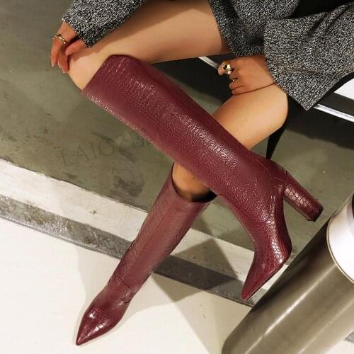 LAIGZEM FASHOIN Women Knee Boots Embossed Riding Botas 10CM Thick Chunky Heels Shoes Woman Ladies Footwear Big Size 38 39 44 48