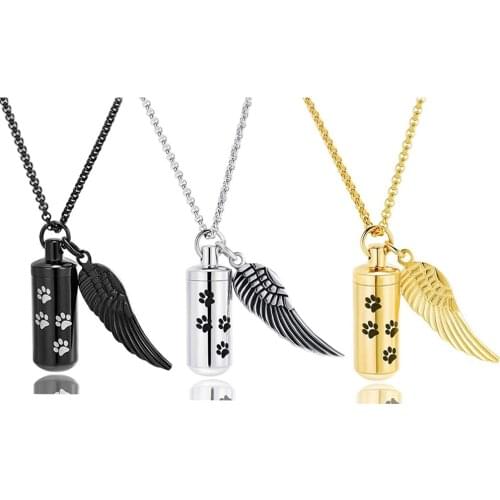 Fashion Cremation Jewelry Dog Paw Urn Cylinder Pendant Eternity Stainless Steel Memorial Pet Ashes Necklace