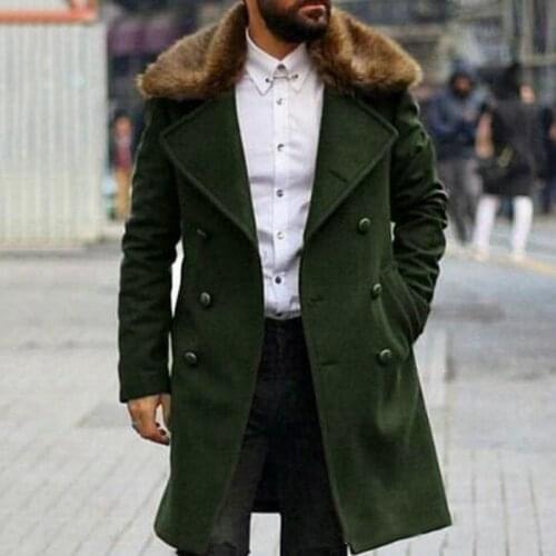 Mens Wool-collar Double-breasted Woolen Coat Winter High Street Leisure Warm Solid Color Mid-length Woolen Coat