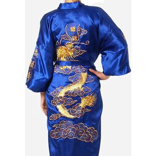 Hot Sale Blue Chinese Mens Silk Satin Bathrobe Embroider Kimono Gown Vintage Dragon Pattern Sleepwear S M L XL XXL XXXL MR020
