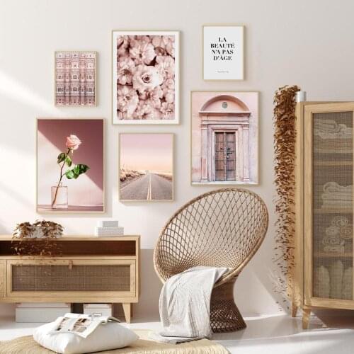 Pink Door Balcony Flower Poster Landscape Nordic Wall Art Print Picture Canvas Paintings Living Room Decoration Home Decor