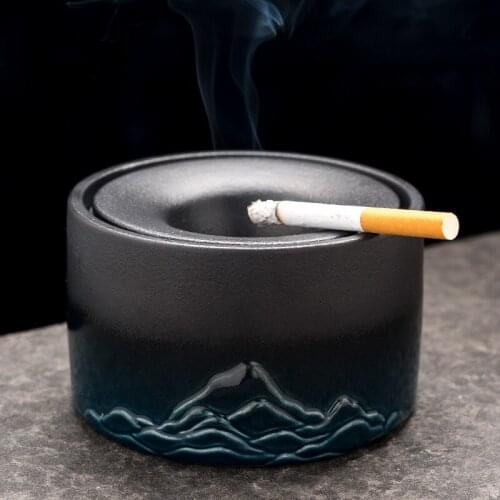 Landscape painting ashtray landscape imitation natural scenery living room ceramic household car with cover anti-fly ash ashtray