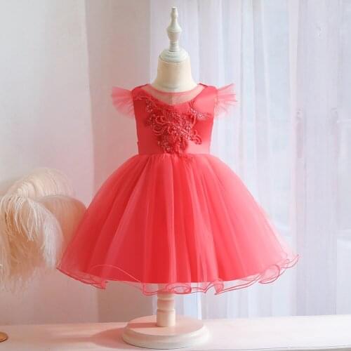 Baby girl dress beaded printed net yarn princess dress one years baptism dress fancy dress for girls baby clothes tulle dress