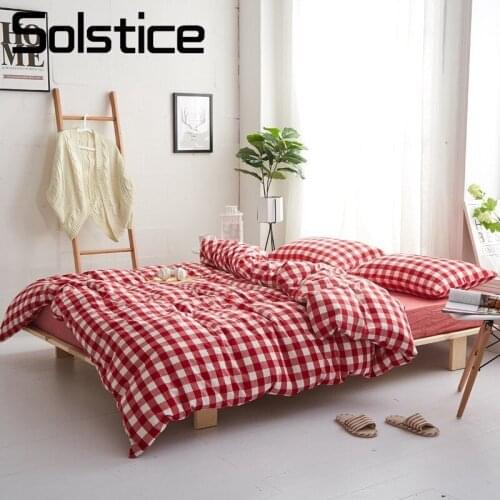 Solstice Home Textile Red Plaid Lattice Duvet Cover Pillowcase Flat Bed Sheet Nordic Simple Cotton Girls Bedding Linens Set Full