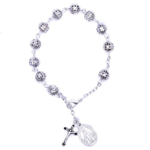 QIGO Hollow Metal Beads Maria Bracelet Vintage Cross Strand Religious Jewelry