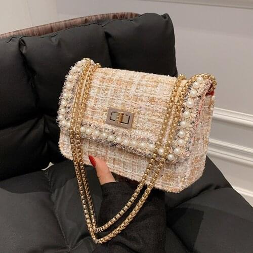 Luxury Design Woolen Pearls Chain Women Crossbody Bags 2021 Fashon Ladies Shoulder Messenger Bag Clutches Female Purses