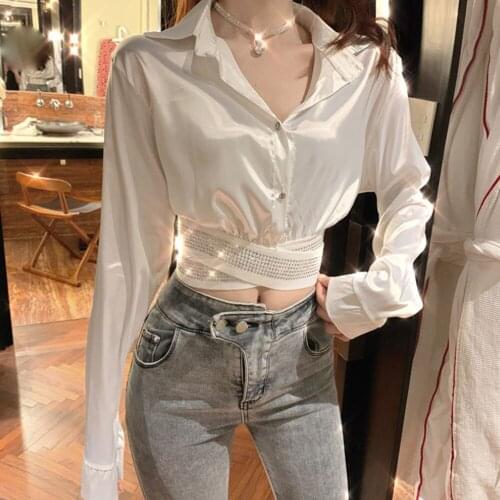 Fall 2021 New Blouse Bright Diamond Design Slim Slimming Short Sexy Niche Women Long-sleeve Shirt Casual Elegant Trend Shirt