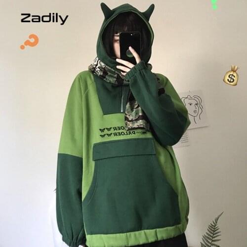 2021 Autumn Harajuku Frog Anime Hoodie Women Streetwear Patchwork Long Sleeve Oversized Pocket Winter Clothe Y2k Female Pullover