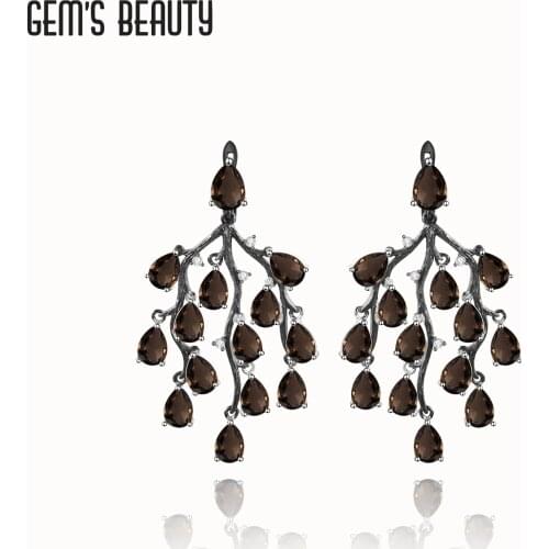 GEMS BEAUTY Vintage Pear Cut Smoky Quartz Stud Earrings 925 Sterling Silver Handmade Coral Earrings For Women Anniversary Gift