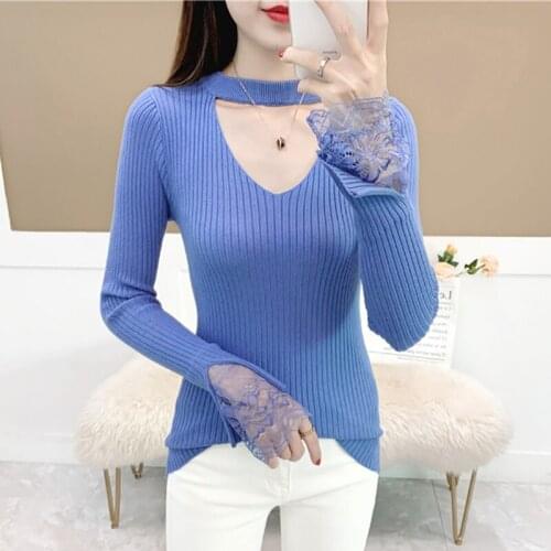 Shintimes Lace Hole V-Neck Sweater High Elastic Sweters Women 2020 New Winter Korean Style Long Sleeve Woman Pullover Pull Femme