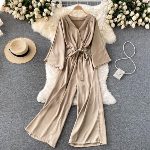 Jumpsuit Spring Autumn 2021 New Long Sleeve Loose Solid Slim Overalls For Women Elegant High Waist Wide Leg Pants Ladies Rompers
