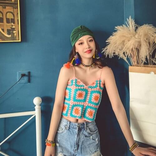 Bohemian Hollowed-Out Girl Japanese-Style Patchwork-Back Knit Halter Top Women Crocheting Summer Resort Bikini