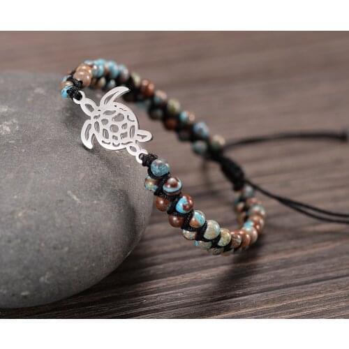 Sea Turtle Steel Charm Bracelets Handmade 4mm Stones Double Layers Braided Holiday Jewelry