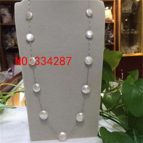 New natural freshwater white Nearly circular Coin beads pearl 12-13MM necklace 28" Tibetan silver chain necklace Sweater chain