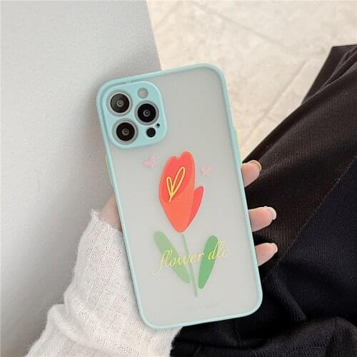 Retro Sweet tulip Flower art Color border Phone Case For iPhone 11 12 Pro Max Xr Xs Max 6 7 8 Plus X 7Plus case Cute Soft Cover