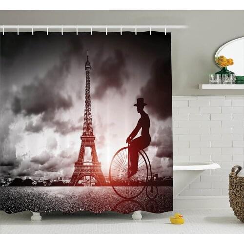 Eiffel Tower Decor Shower Curtain Man On Retro Bicycle Next to Eiffel Tower Bath Curtains for Bathroom Decor