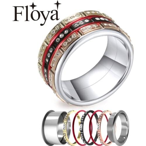 Floya Crystal Band Rings Women Black Stacking Stainless Steel Ring Set Latest Femme Bijoux Fashion Gold Jewelry