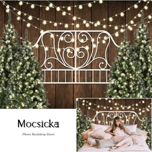 Christmas Headboard Photography Backdrops Xmas Tree Light Decorations Brown Wooden Board Photo Props Studio Booth Background