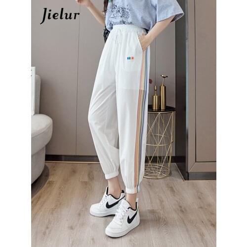Jielur Rainbow Gauze Anti Mosquito Pants for Women Ice Silk Black White Womens Trouses High Waist Casual Sport Pants Female