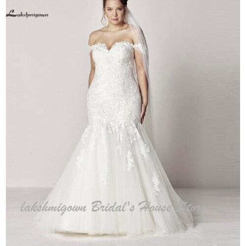 Lakshmigown Plus Size Women Mermaid Wedding Dresses Off Shoulder 2021 Robe de Mariee Long Bridal Gown Lace Appliques Custom Made