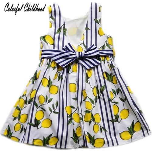Backless Toddler Girl Summer Dress Cute Lemon Floral Printed with Striped Bowknot Kids Fashion Dresses For Girls Clothes modis