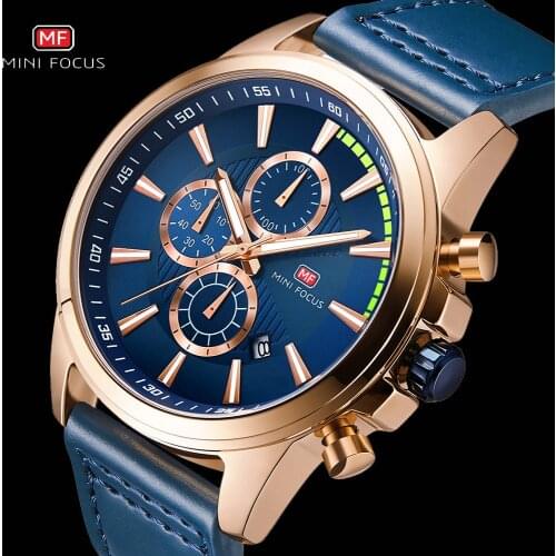 MINI FOCUS Military Quartz Mens Watches Top Brand Brand Blue Leather Strap Waterproof Chronograph Wristwatches Relogio Masculino