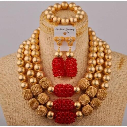 Fashion Nigerian Woman Wedding African Beads Jewelry Set Red Crystal Beads Costume Necklace Dubai Gold Color Bridal Gift