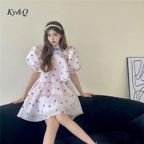 Fashion Age Reduction Suit Skirt 2-Piece Set Unique Cheongsam Collar Bubble Sleeve Floral Shirt Tops + High Waist Skirts Women