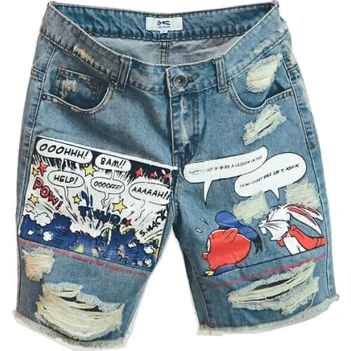2021 New Arrival Hot Sale Fashion Mens Jeans Print Light Jean Shorts Men Ulzzang Summer Pattern Length Zipper Fly Stonewashed