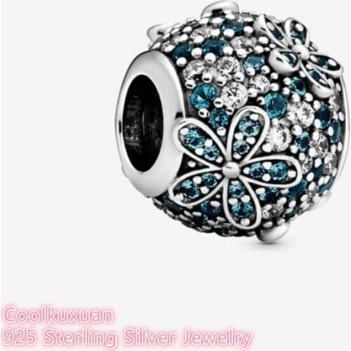 Spring 100% 925 Sterling Silver Teal Pavé Daisy Flower Charm beads Fits Original Pandora bracelets Jewelry Making
