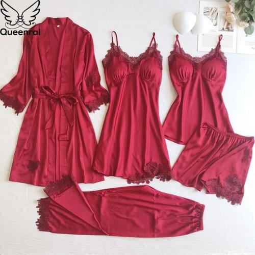 Queenral 5pcs Womens Pijama Silk Pajama Set Pyjamas Sexy Lace Nightie Sleepwear Autumn Home Clothes lingerie Sleep Lounge