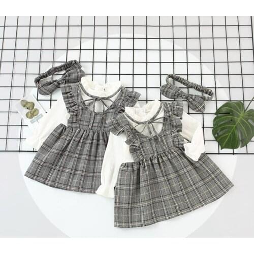 Baby Girls Dress Spring and Autumn Dresses Newborn Baby Fashion Big Lattic+Headband Party Dress Girls Toddler Birthdays Clothes