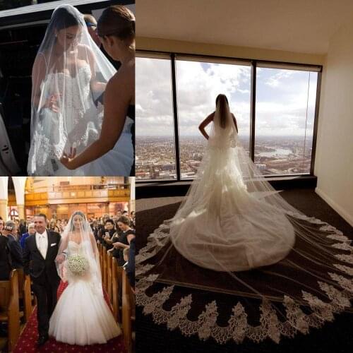 Luxury Real Image Wedding Veils Two Layers Lace Applique Edge Bridal Veils Custom Made Long Cathedral Length 3 Meters Wedding Ve