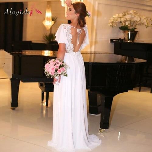 Sexy Backless Lace Wedding Dress 2020 Chiffon Lace Appliques Bride Dresses Long Train Dress Wedding Gowns Mermaid Wedding Dress