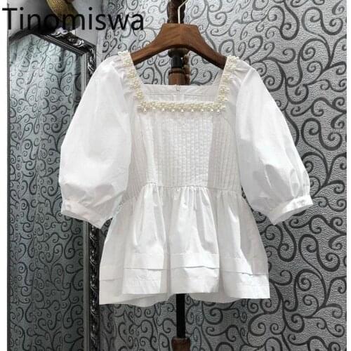 Tinomiswa Pearl Design Short Sleeve Shirt Women Solid Color Slim Waist 2021 New Square Collar Casual Blouse Korean Style Tops