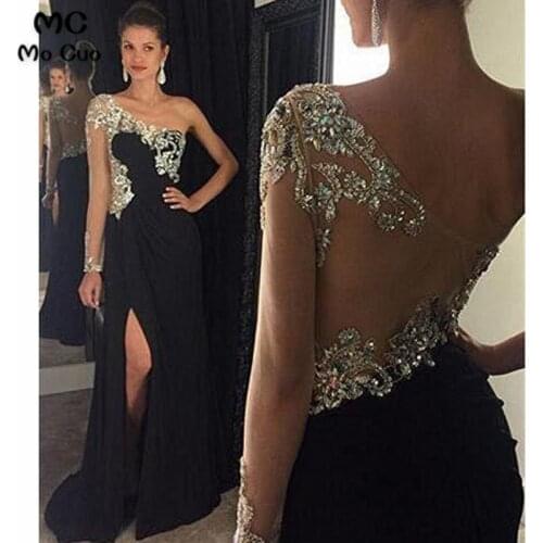 2020 One Shoulder Evening Dresses Long with Crystals Beaded Long Sleeves Front Slit Chiffon Evening Party Dress for Women