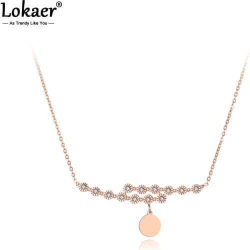 Lokaer White CZ Crystal Flower Pendant Necklaces For Girl Rose Gold Titanium Stainless Steel Female Chain Choker Necklace N19146