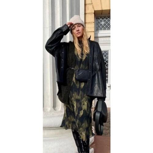 Ladies 2021 Early Spring New Ink Painting Print Ruffled Pleated Midi Dress