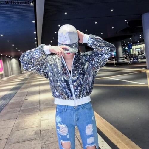 2020 Spring and Autumn Streetwear Sequin Jacket Hip Hop Loose Vintage Long Sleeve Fashion Zipper Cardigan Jacket Outerwear