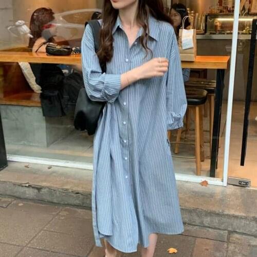 2020 Women Autumn Loose Cotton Striped Long Shirt Dress Sashes Single Breasted Full Sleeve Midi Dresses