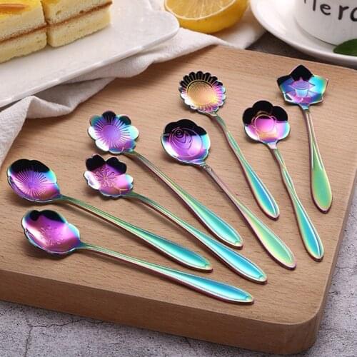 8 Pcs Flower Spoon Beautiful Flower Tea Spoon Kitchen Tableware Long Cute Delicate Stainless Steel Dessert Coffee Stirring Spoon