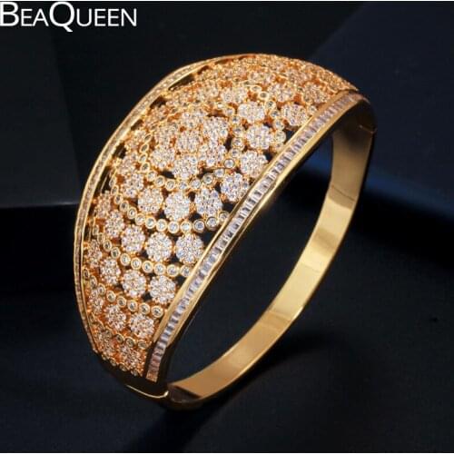BeaQueen Wide Big Luxury Statement Bangle for Women Wedding Full Cubic Zircon Flower Hollow Bracelets Gold Color Jewelry B176