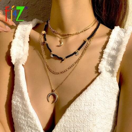 F.J4Z Trend Bohemian Multi-layer Collar Necklaces Beaded & Cuban Chains Coins Moon Charms Statement Pendant Necklace for Women
