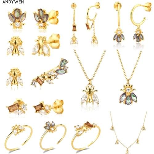 ANDYWEN 925 Sterling Silver 2021 Winter Bee Collection Gems Tiny Piercing Drop Animal Pendant Jewelry Climber Clips Women Jewels