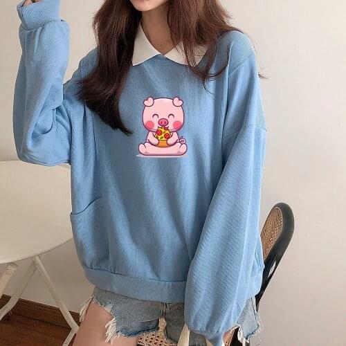 Harajuku Kawaii Pig Hoodie 90s Aesthetic Cotton Sweatshirts for Teen Girls with Pocket Pastel Clothes Pullover Full Sleeves Tops