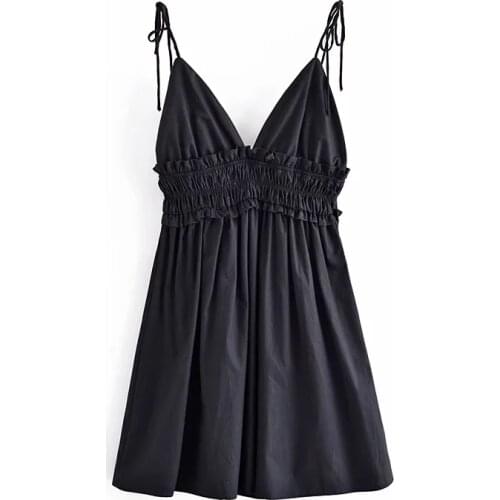 Za Women New Sexy Suspenders Low Chest Open Back Deep V Neck Short Dress Suspender Party A Line Mini Skirt XITIMEAO